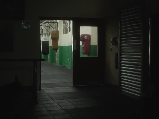 Multiple large bags hang in boxing gym with door open