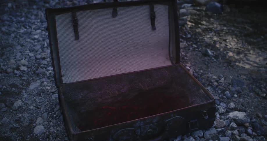 An empty chest is sitting by the water