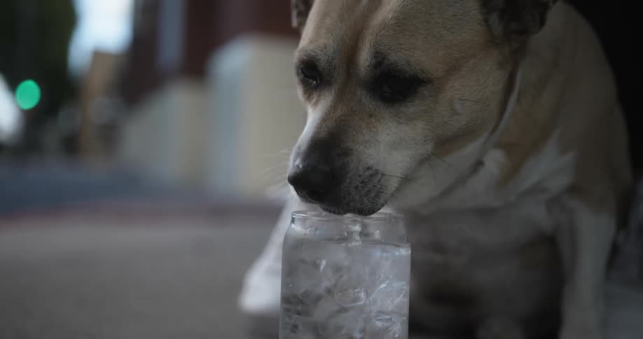 A dog drinking ice water from a glass on the sidewalk