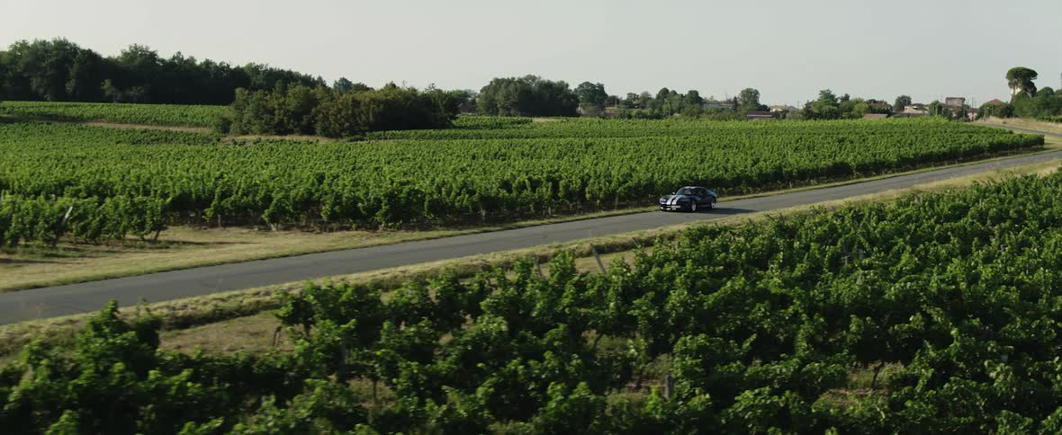 A black sports car travels on a road through farmland and vineyards