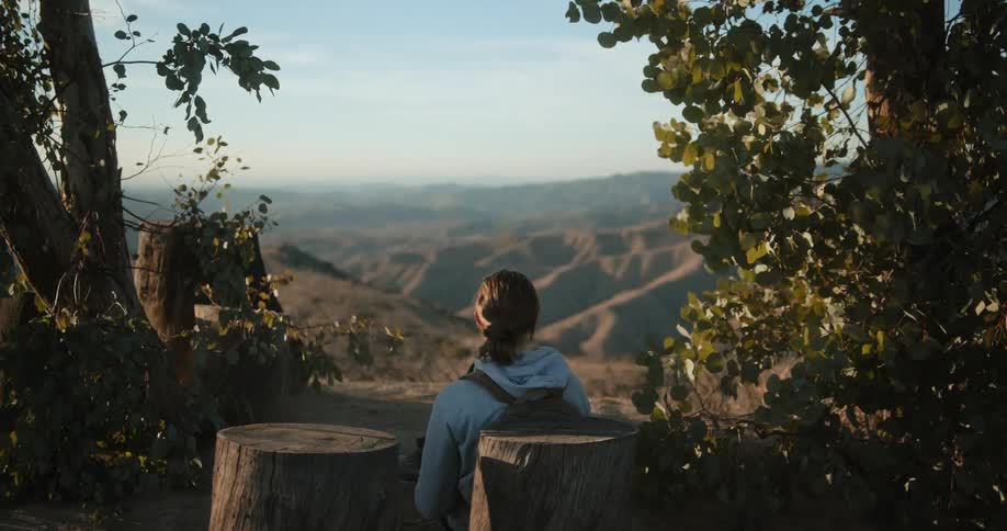 A woman wearing a backpack is sitting near tree stumps and trees overlooking mountains under a cloudy sky