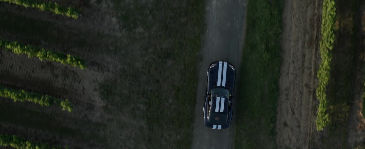 Aerial view of a luxury sports car driving on a road through the vineyard at morning