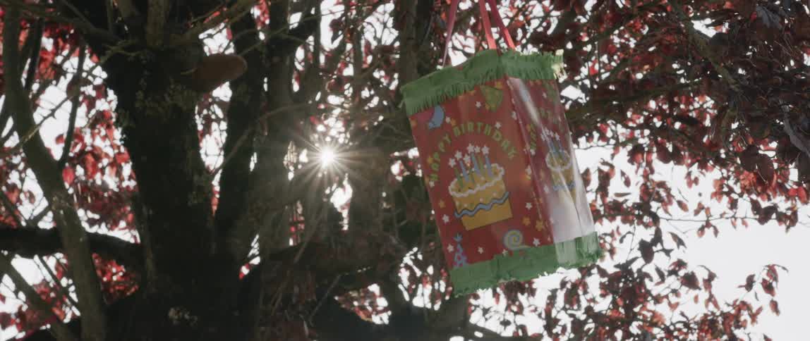A birthday decoration hangs from the stream