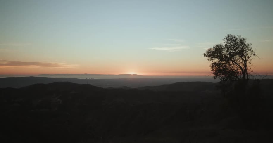 Silhouette of a tree overlooking mountains in the distance as the sun shines on the horizon