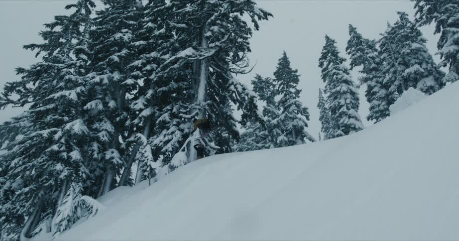 A skier leaps over a ramp on a snow covered forested mountain slope among snow as snow falls