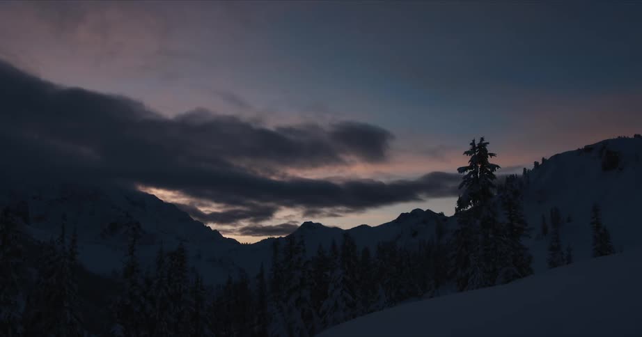 Pine trees covered in snow stand along snow covered forested mountains under a cloudy sky