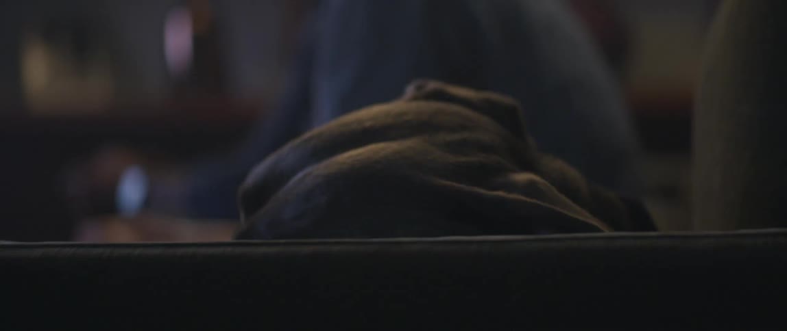 A dog resting his head on the arm of a couch while his owner watches tv