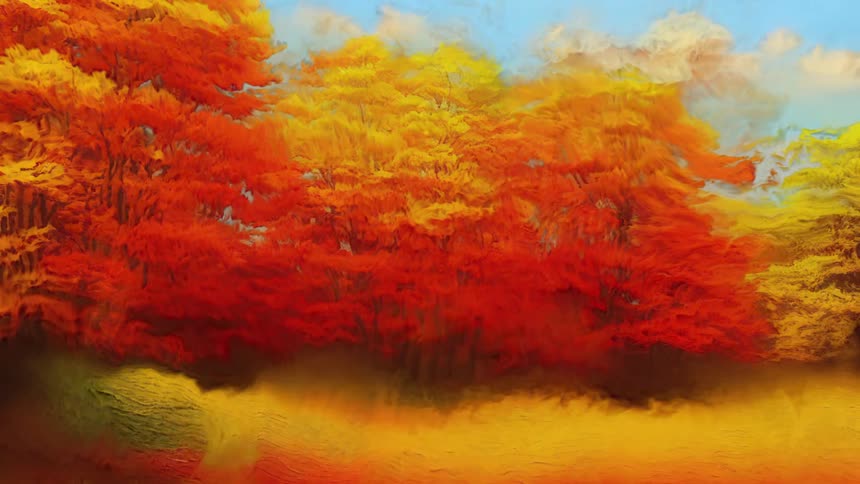 One colorful nature painting transforms into another painting