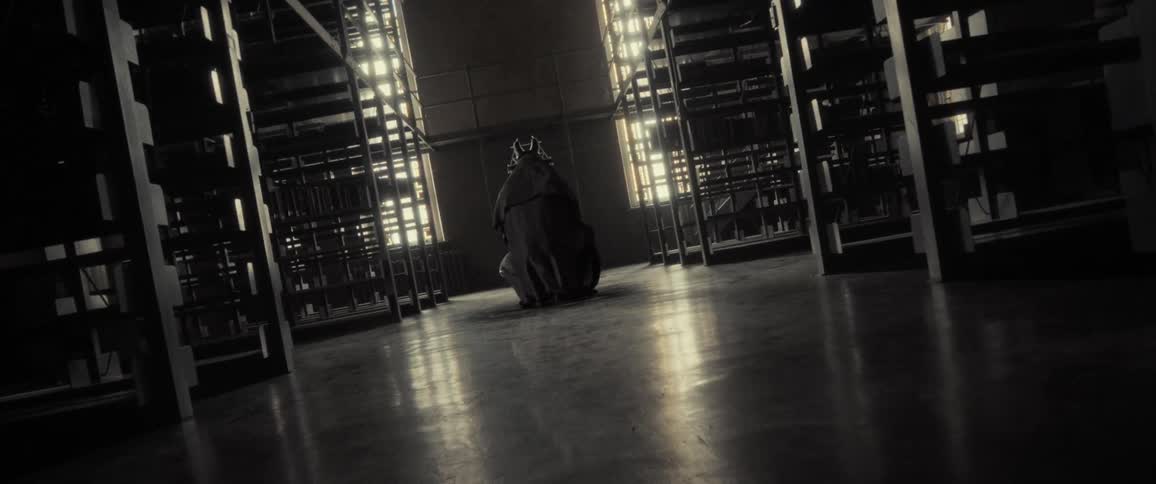 Cloaked figured crouches in the middle of empty library stacks