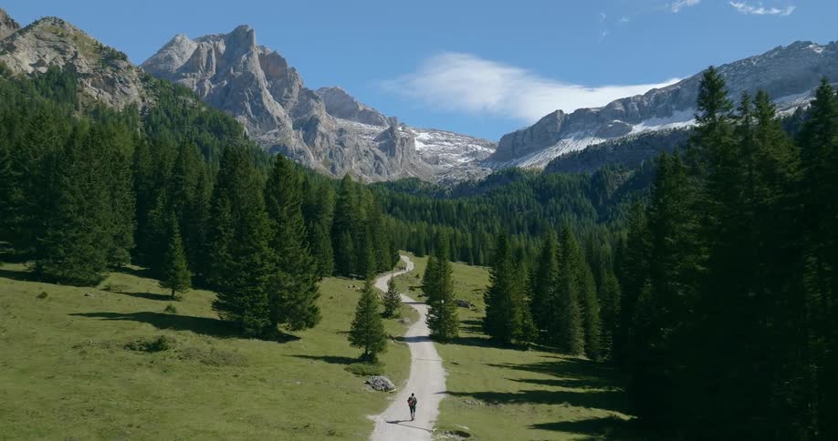 Person walks along path toward forest and mountains under a cloudy sky