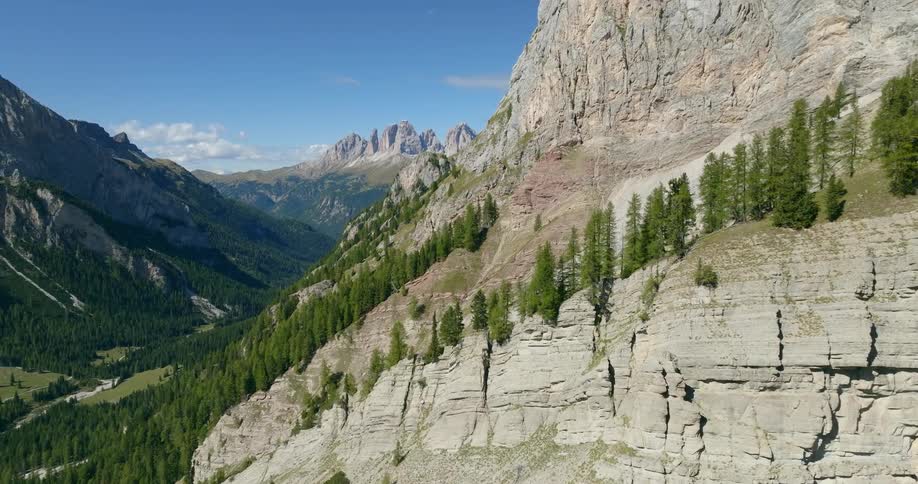 Mountain range with tree covered slopes leading to a green valley