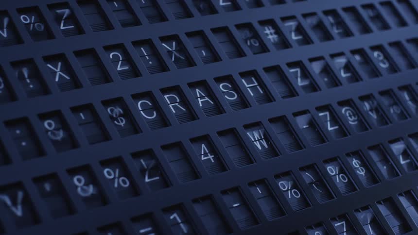 Spots on flip board display cycle through letters numbers and symbols before spelling the word crash