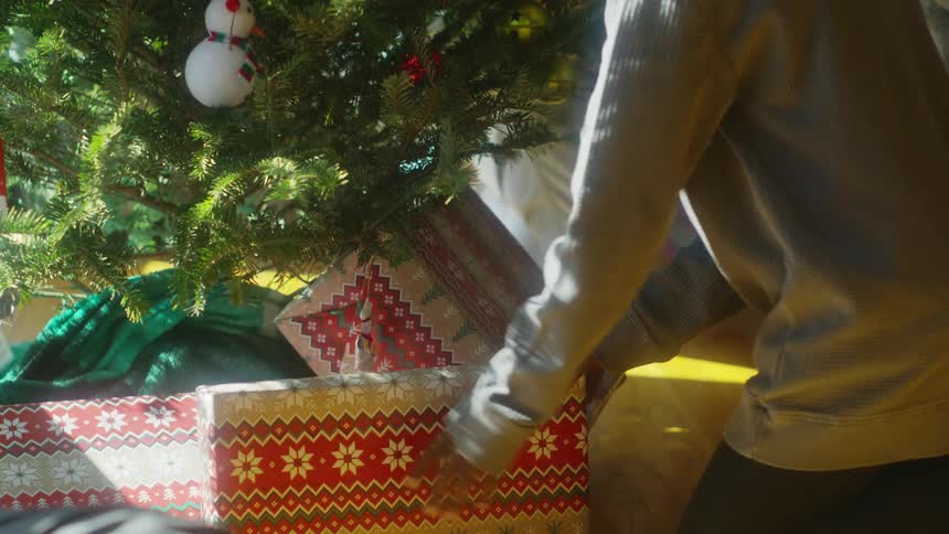 A child places a present under a christmas tree while other people watch from nearby
