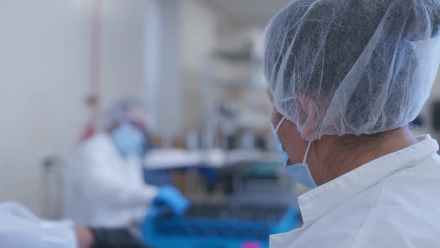 Women in a lab put tubes in to crates