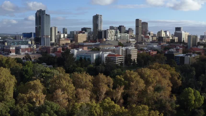 Aerial view of tall skyscrapers in Adelaide city at daytime