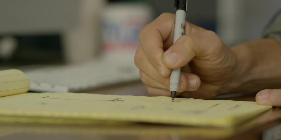 A close-up of a man's hand drawing a sketch on a yellow notepad with a fine-tipped sharpie