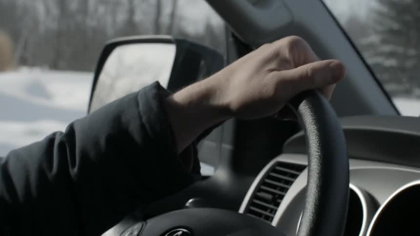 A man is driving a car on a cloudy day