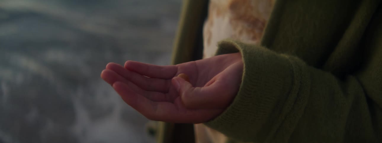 Woman in green jacket holds brown pebble on the beach near the ocean