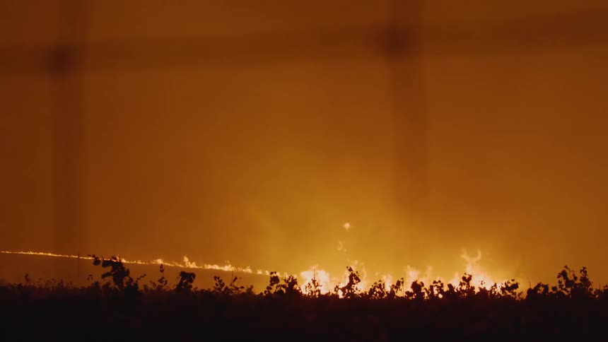 Forest fire flames and smoke rising into night sky