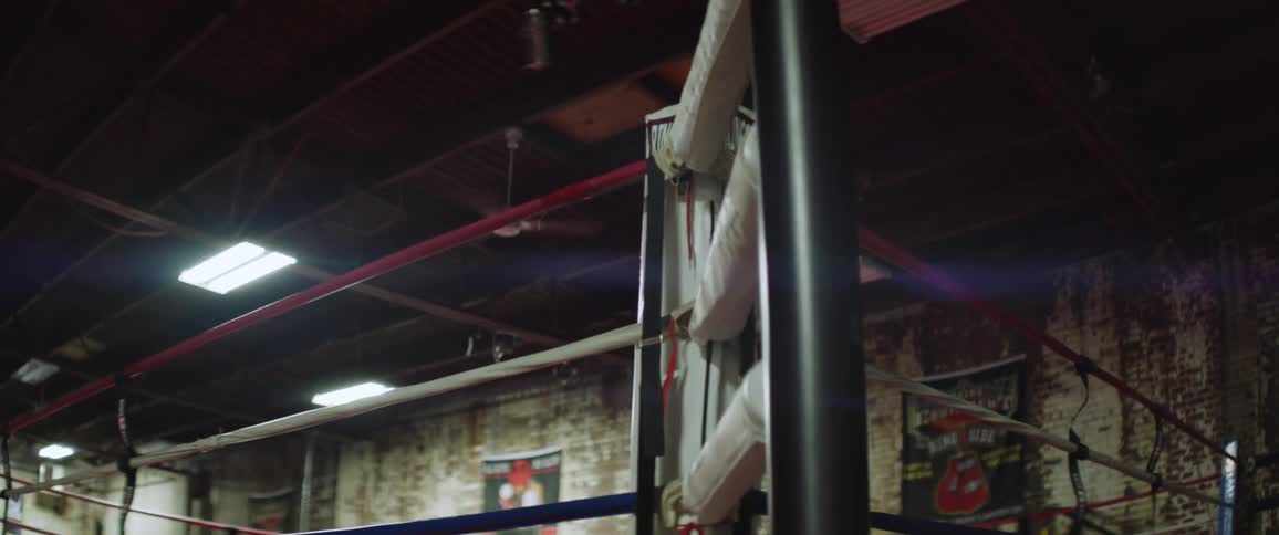 The inside view of a gym with a boxing ring is displayed