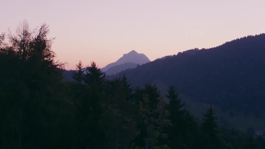 Trees stand tall on forested mountains as a mountain peak is in the distance under a hazy sky