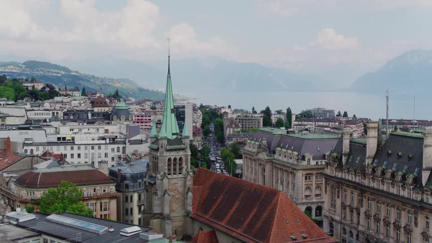 An aerial view of buildings in a city in the daytime