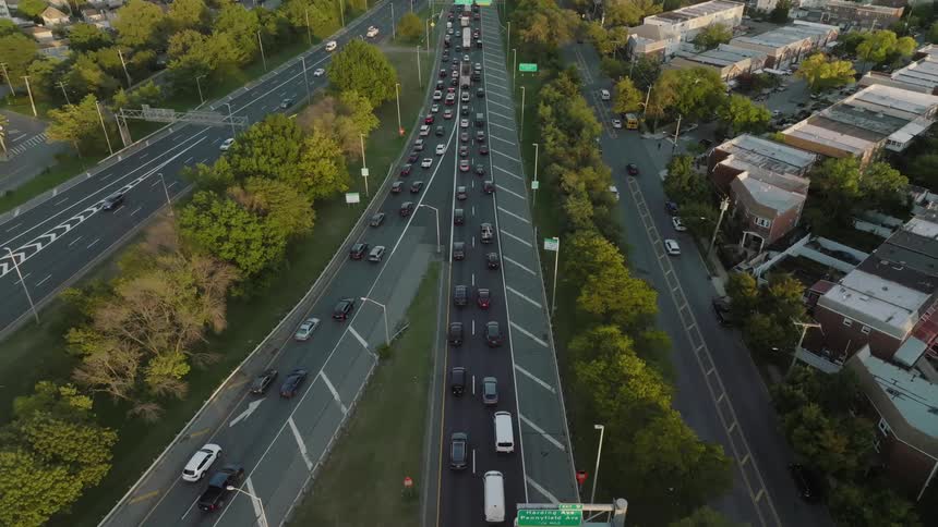 Aerial view of heavy traffic on highways