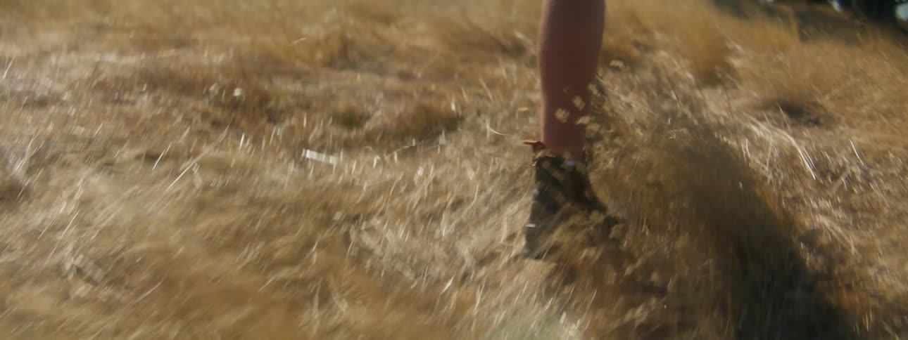 A woman wearing black boots and bare legs is walking through dry grass and weeds
