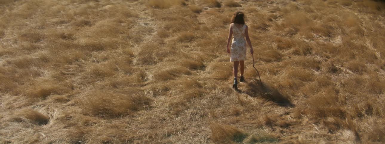 A young woman walks through a field while fiddling with a stick