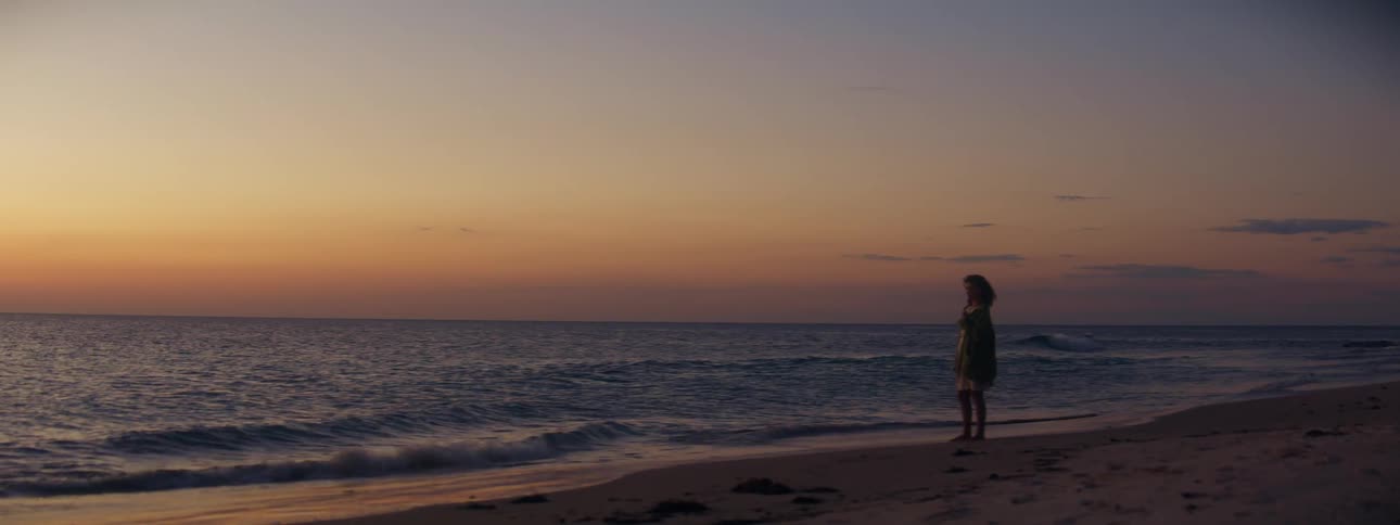 Woman stands on beach looking out to sea under a red tinted sky