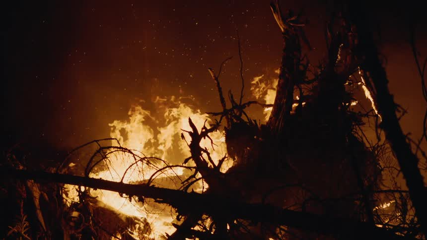Trees burn and flames rise into night sky in the forest