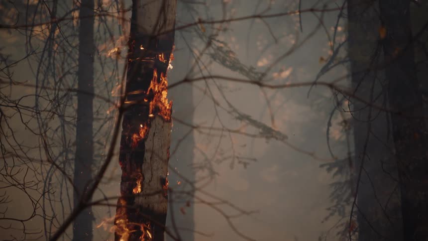 A fire in a tree and smoke fog forming in the forest
