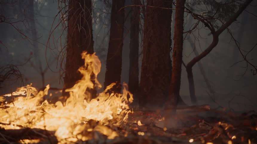 A forest fire spreading on the ground towards a group of trees