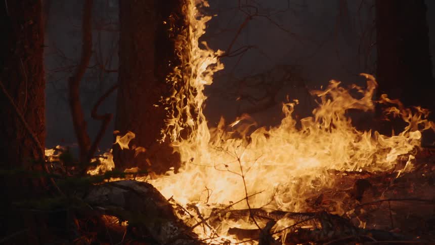 There is a fire and trees are on flames at night time