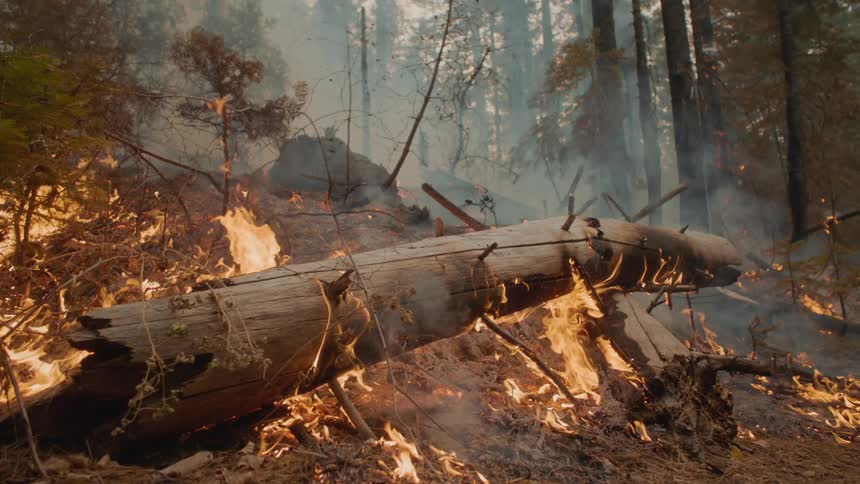 A fallen tree is burning in the woods as the forest is on fire and smoke fills the air