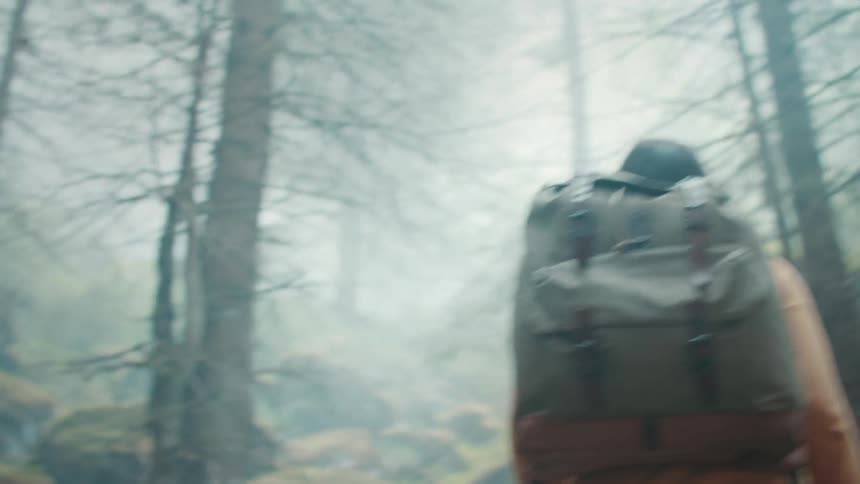 A woman hikes up a rocky slope in a misty forest during the day