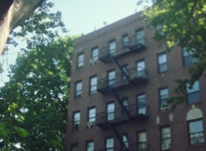 A view of the side of a brick building with a stair case down the side and a tall green tree on the left