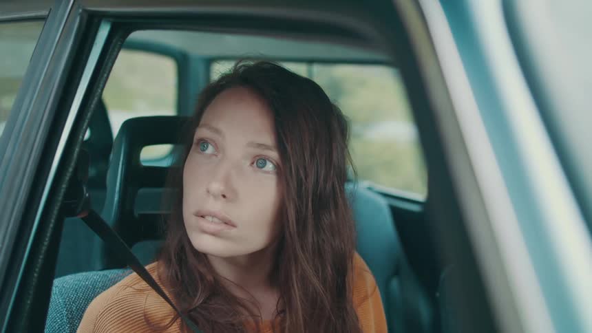 A woman with long brown hair looking out the car window as it drives
