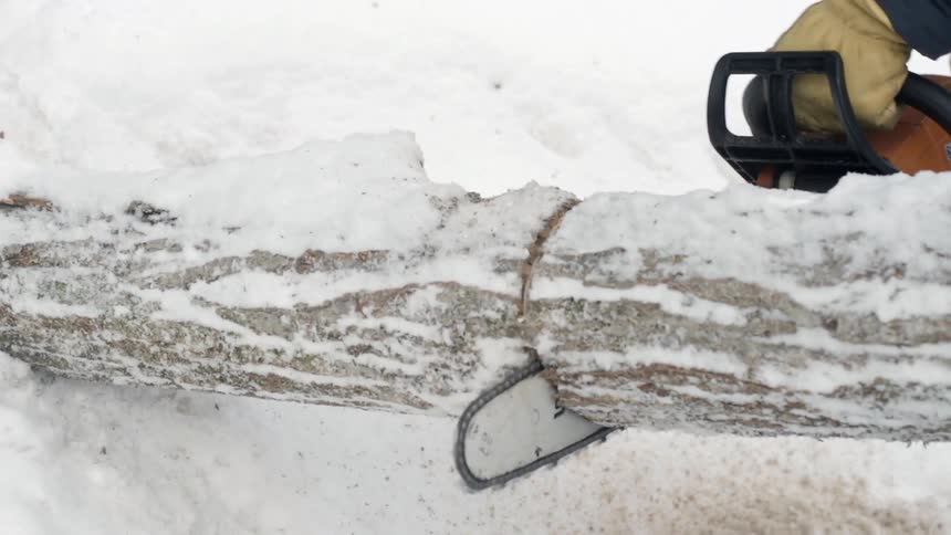 A man is cutting a log with a chainsaw in the snow