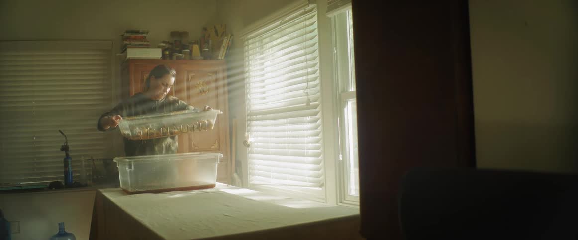 A woman walks into to her kitchen to lift up and shake a sifting tub