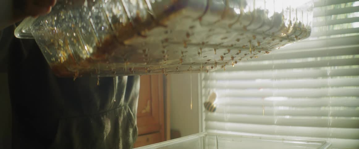 Person lifts tray with small holes allowing liquid to drip down from contents to a tub