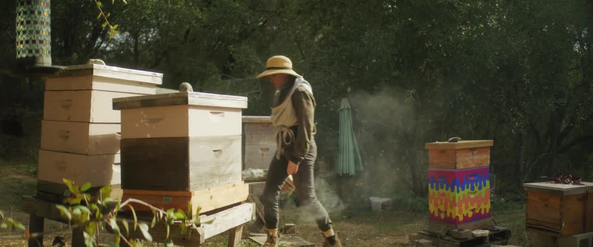 The beekeeper brings the smoker near the apiary