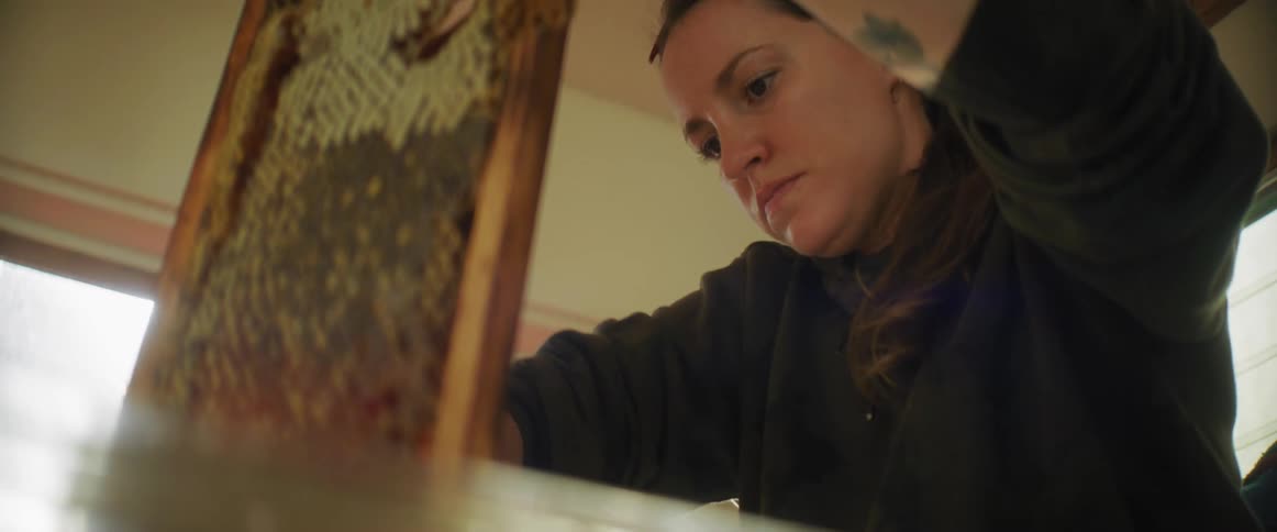 A woman is standing inside working on a honeycomb she is holding