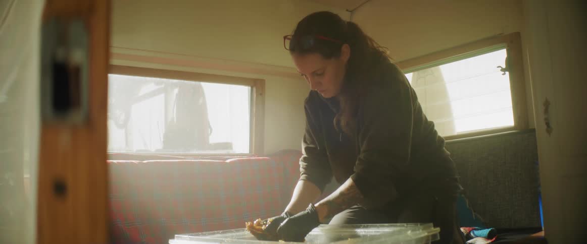 Woman kneeling in cabin manipulate orange substance in tub