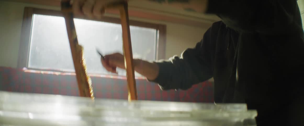 Woman cuts honeycomb from frame into large white plastic container