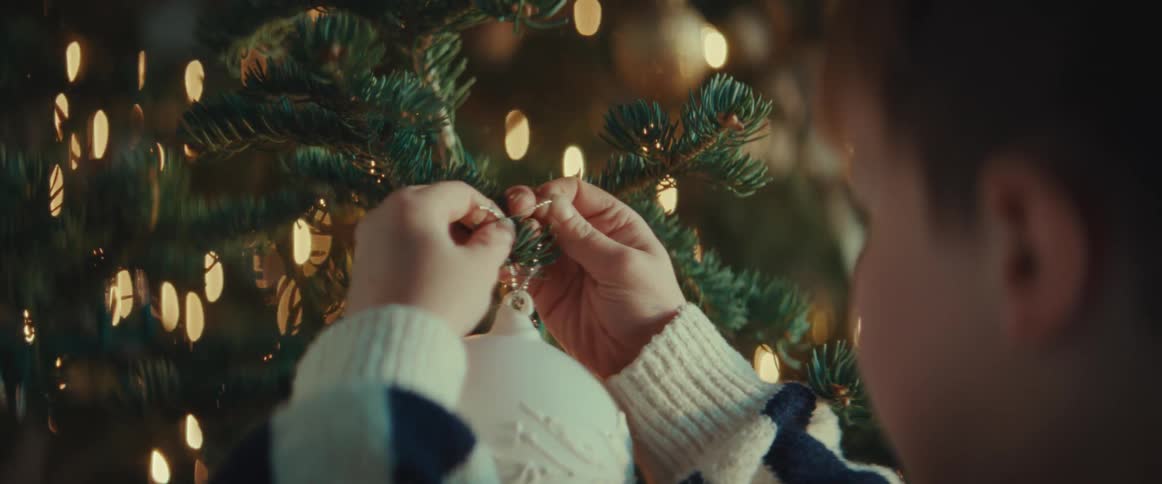A young boy hangs a decoration on a christmas tree