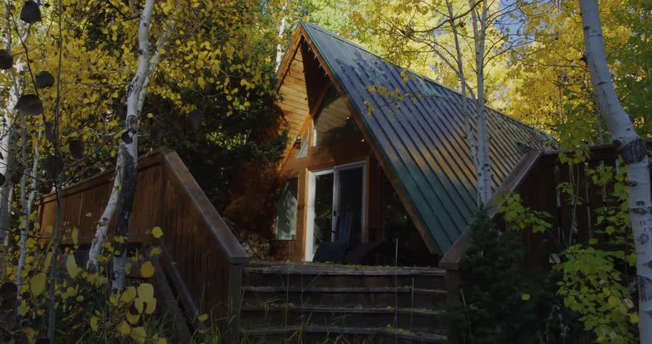 A house in the woods with chairs on the porch is surrounded by birch trees with leaves in fall colors