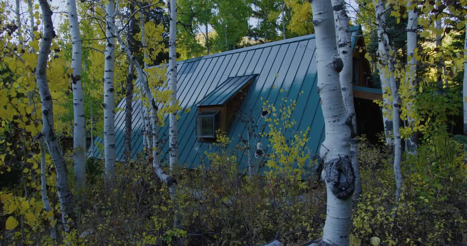 Blue roofed cabin nestles among trees with fall foliage
