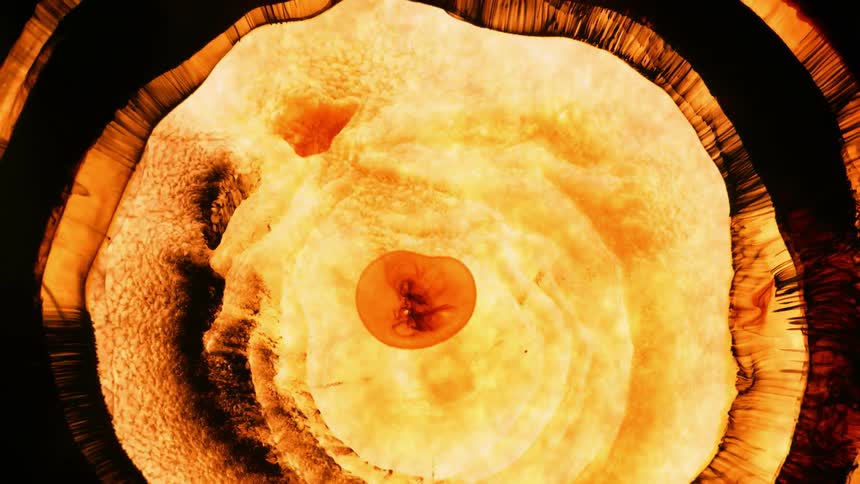 A graphic design depicts an explosion outward of an orange fluid