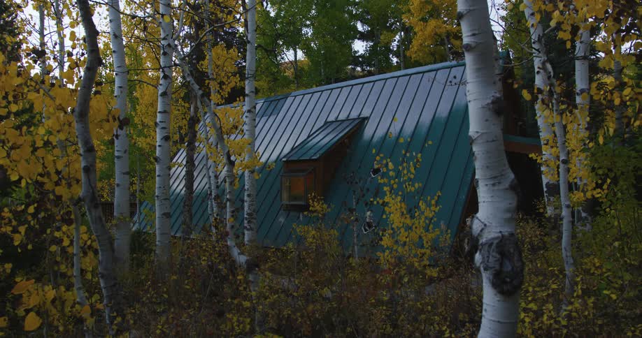 Blue roofed cabin sits among trees with fall foliage